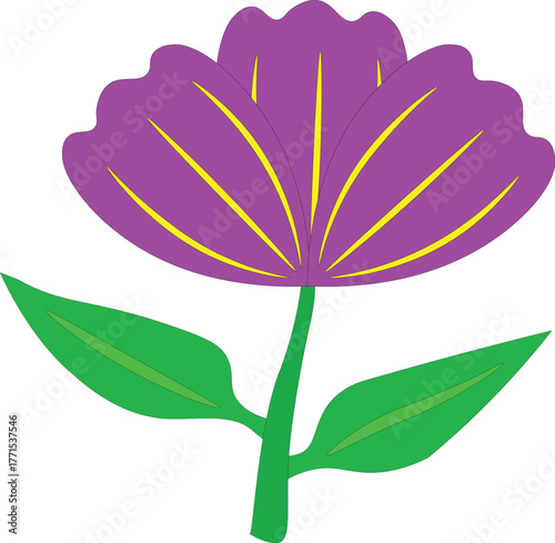 Purple flower vector with stem and leaves