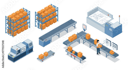 Automated warehouse with conveyor belts and storage racks in isometric design