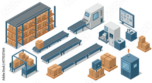 Isometric warehouse with automated conveyor and packaging equipment