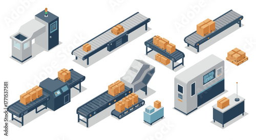 Isometric conveyor belt systems with cardboard boxes for automated packaging and delivery