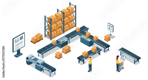 Isometric warehouse automation with conveyor belts and robotics