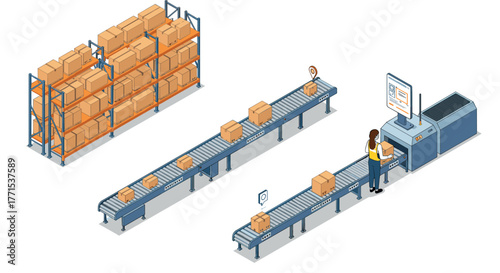 Automated warehouse system with conveyor belts and parcel sorting