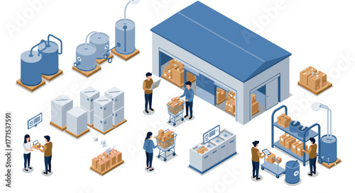 Isometric warehouse logistics with people and parcel management