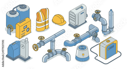 Isometric industrial equipment and safety gear illustrations in blue and yellow