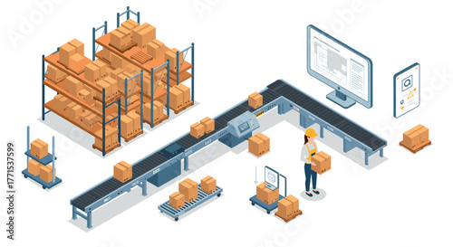 Warehouse automation with conveyor belt and packaging systems in isometric design