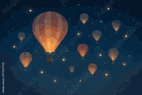 Enchanting night sky balloon festival open air digital serene atmosphere aerial view dreamy celebration