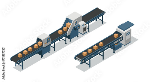 Modern isometric production line conveying packages with automation technology