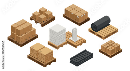 Isometric pallet collection with boxes and industrial materials