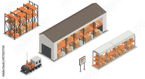 Isometric warehouse scene with storage shelves, cargo boxes, and delivery truck
