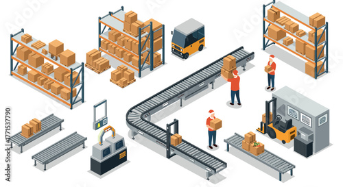 Isometric warehouse with conveyor belt, forklift, and workers handling packages