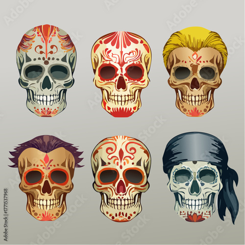 A collection of six intricately decorated sugar skulls, or calaveras, for the Mexican Day of the Dead celebration, vector side