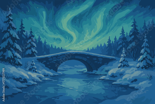 Aurora borealis lights up a snowy landscape with a bridge and river winter wonderland night scene