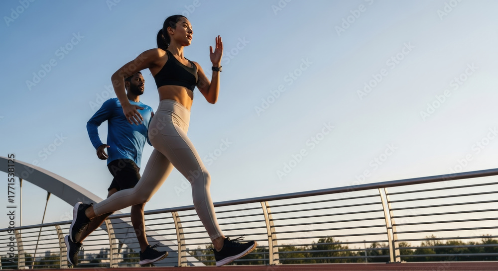 © Khasani - Side view of a fit athletic couple running outdoors on a bridge during a sunny day