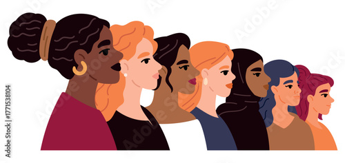 Women of different cultures and nationalities stand hardly side by side. Equality and female rights. Social movement for empowerment. Caucasian and African girls profiles. Vector concept