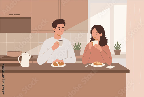 Morning coffee and breakfast conversation cozy kitchen digital warm atmosphere intimate perspective