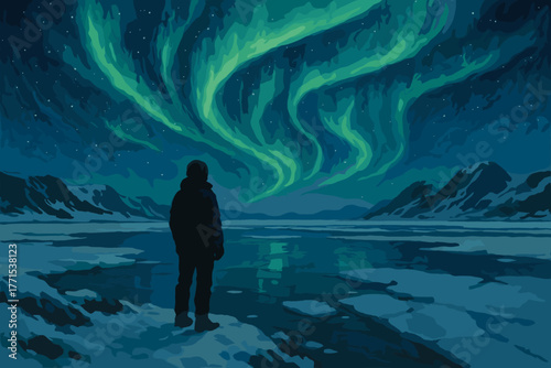 Witness the majestic northern lights dance over a frozen lake arctic landscape nature scene nighttime awe-inspiring