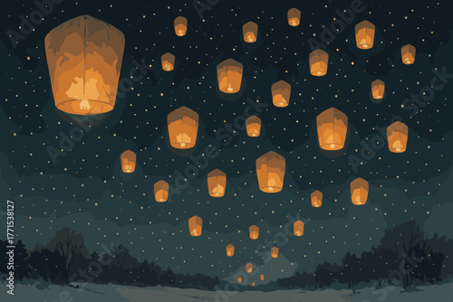 Lantern festival celebration winter night sky digital serene environment aerial view cultural tradition