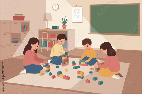 Collaborative playtime activities classroom digital indoor learning environment bird's eye view childhood development