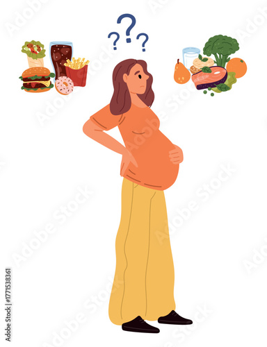 Pregnant woman chooses between unhealthy and healthy food. Proper nutrition during pregnancy. Pensive mother thinking and making choice of nutrition. Diets comparison. Vector concept