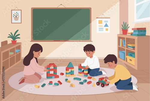 Children building colorful block structures classroom indoor eye-level creative playtime