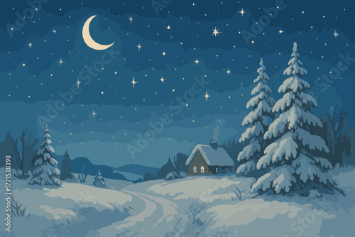 Winter night scene with cozy cabin snowy landscape starry sky peaceful environment digital