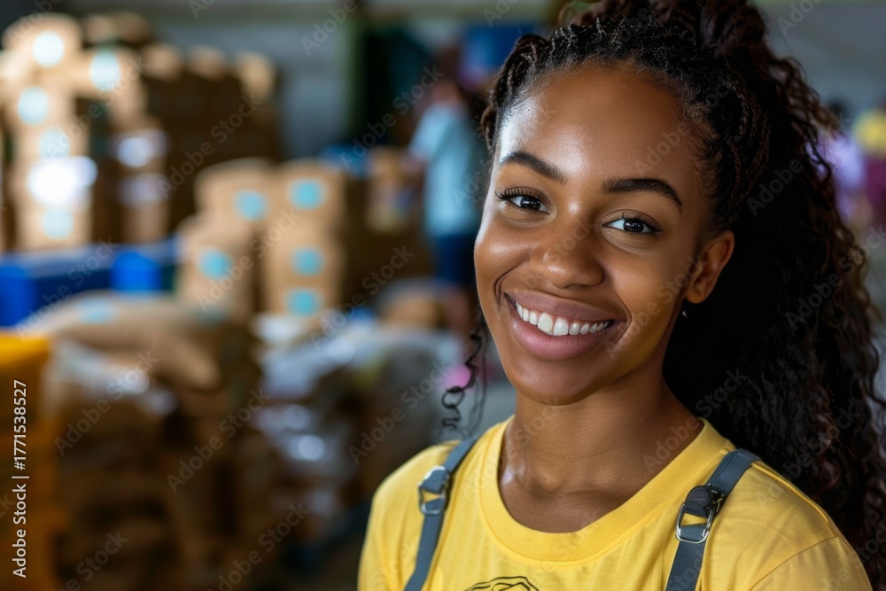 Naklejka premium Young woman smiling in a warehouse environment