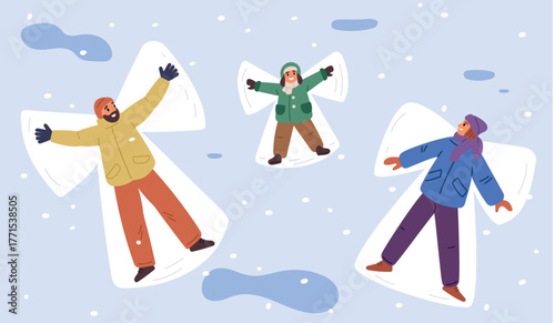 Happy dad, mom and son making snow angels outdoors. Family spending time in winter woods. People have fun in frozen park. Cheerful parents lying in snowdrifts with child. Vector concept