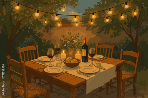 Romantic evening dinner setup garden digital cozy atmosphere view outdoor dining experience