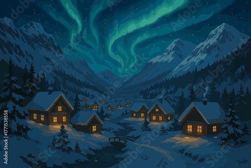 Enchanting aurora borealis over winter village snowy mountains digital nighttime serene atmosphere