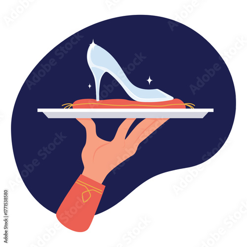 Hand holds Cinderellas crystal slipper on red cushion on tray. Fairytale character shoe. Servant arm carrying princess footwear. Diamond footgear lost. Imagination story. Vector concept