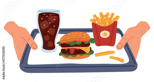 Hands holding tray of food. Burger and fries eating. Soda drink. Arms carrying junk hamburger, fried potato and cola glass. Unhealthy fat meal calories. Fastfood order. Vector concept