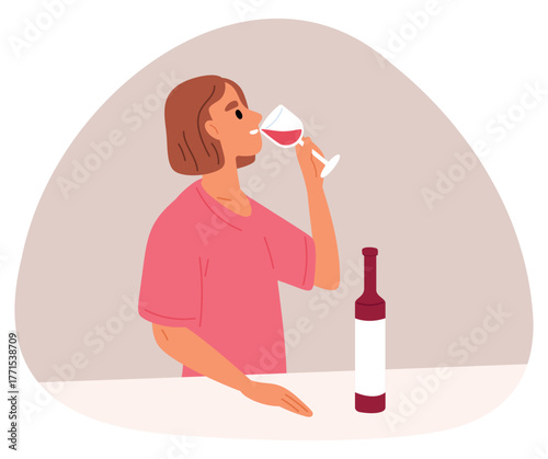 Girl drinks red wine from glass. Woman enjoys alcoholic beverage. Female holding wineglass at bar counter. Unhealthy habit and addiction. Attractive lady. Champagne cup. Vector concept