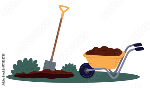 Garden wheelbarrow loaded with soil. Gardening work. Digging ground shovel. Agriculture tool. Farming cultivation. Horticulture earth dig. Agricultural cart. Dirt carry. Vector concept