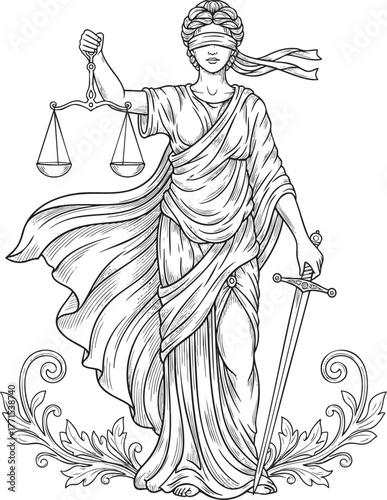 Elegant line art of a blindfolded Lady Justice in a flowing robe holding scales and a sword.