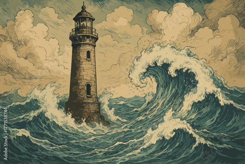 Raging waves crash against historic lighthouse coastal landscape vintage dramatic sky and sea
