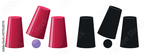 Gambling game with cups. Three glasses and small ball. Black silhouette. Gamble trick. Thimble fun choice. Lottery playing. Win selection. Risk forecasting. Vector isolated objects set