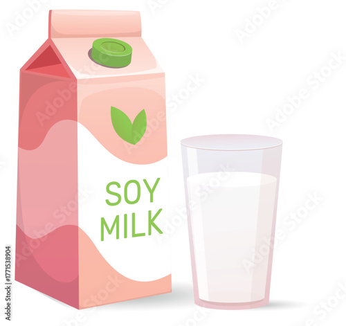 Fresh soy milk in glass cup and paper bag. Alternative dairy. Vegan drink. Organic nutrition. Natural product cardboard container. Vegetarian food. Vector object on white background