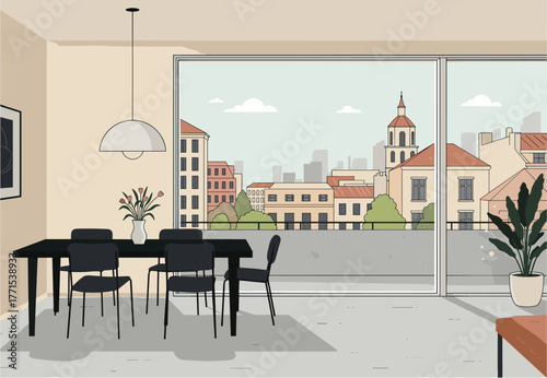 Dining room with city view modern home interior elegant design urban environment minimalist perspective