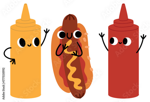 Cute cartoon hot dogs, ketchup and mustard. Stylized as fun food characters. Sauce bottle with eyes and hands. Happy burger. Chili seasoning. Smiling face. Vector fastfood mascots set