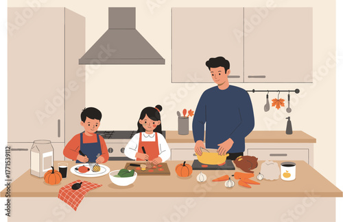 Family cooking together modern kitchen cozy environment engaging viewpoint culinary bonding