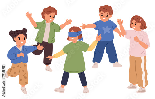 Cheerful little boys and girls play active games while blindfolded. Children group. Sightless friends search. Blind challenge. Preschool kids. Hide-and-seek at playground. Vector concept