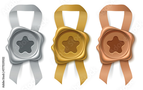 Award wax seals. Rewards made of wax in gold, silver and bronze colors. Star imprint. Realistic circle paraffin stamps with ribbons. Winners certificate badges. Vector isolated objects set