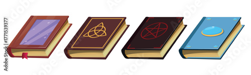 Ancient books for magical rituals. Medieval chronicle. Closed magic textbook. Fairytale parchment. Read literature. Fairy library. Wizard grimoire. Vector set of ancient spell collections