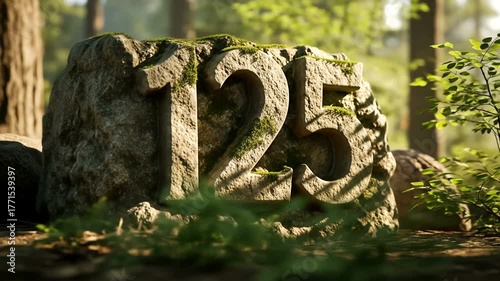 A weathered stone with the number 125 carved into it, surrounded by lush greenery in a serene forest