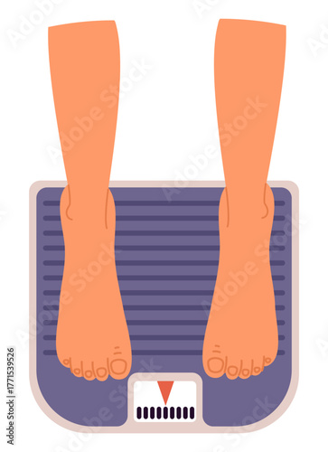 Womens bare feet standing on scales top view. Weight measurement. Slimming or obesity. Mass weighing equipment. Female legs. Overweight control instrument. Kilogram meter. Vector concept