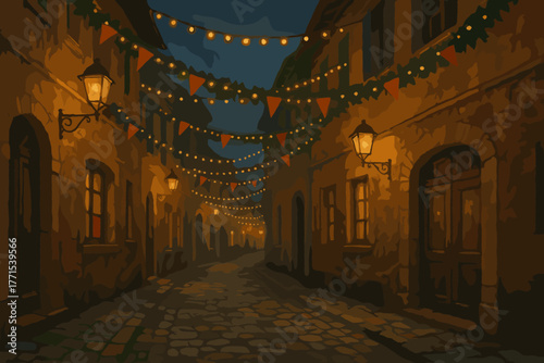 Evening festival celebrations in a rustic village street digital cozy twilight atmosphere