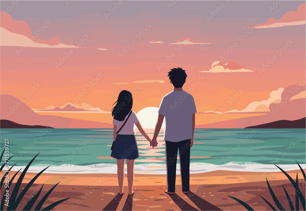 Fototapeta premium Couple watching sunset together beach digital serene environment romantic viewpoint love concept