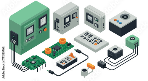 Isometric industrial control components and circuit boards in detailed 3d design