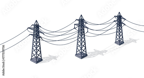 Isometric electrical towers with high voltage power lines on white background