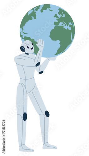 Robot holds globe on its shoulders. Tech progress. Cyborg carries Earth. Global AI future technology. Artificial intelligence worldwide innovation. Cybernetic machine. Vector concept